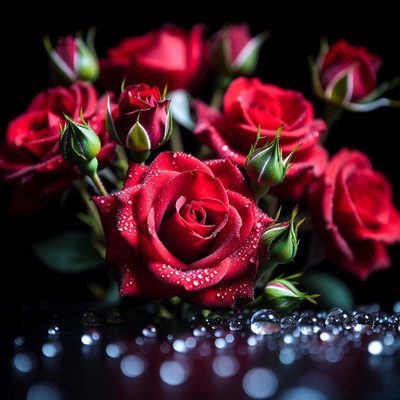Red Roses with Dew Drops