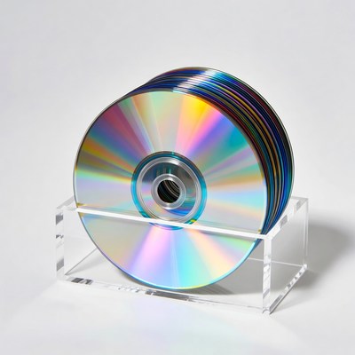 Stack of colorful CDs on clear stand