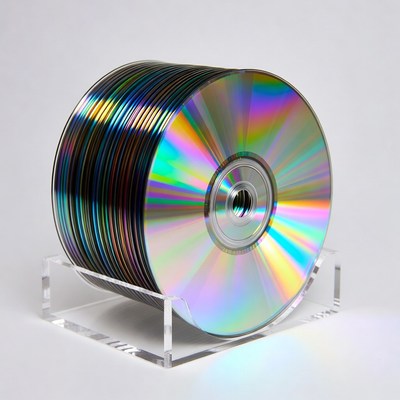 Stack of colorful CDs on clear stand