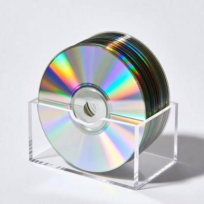 Stack of colorful CDs in clear stand