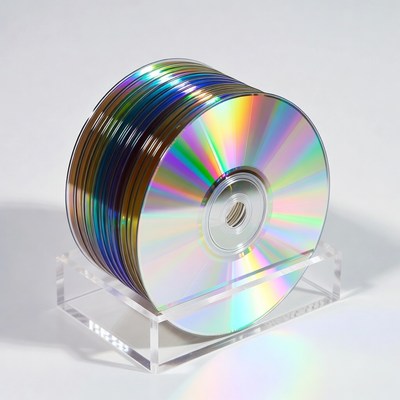 Stack of colorful CDs on clear stand