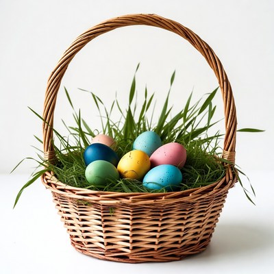Easter Basket with Colored Eggs and Grass