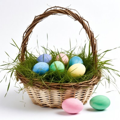 Wicker basket with colorful Easter eggs