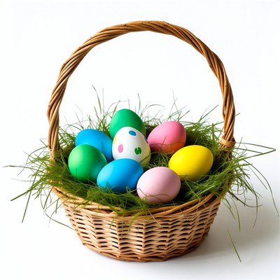 Colorful Easter eggs in wicker basket