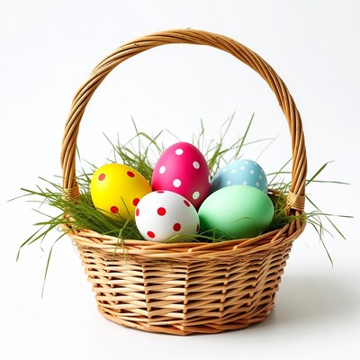 Colorful Easter eggs in wicker basket