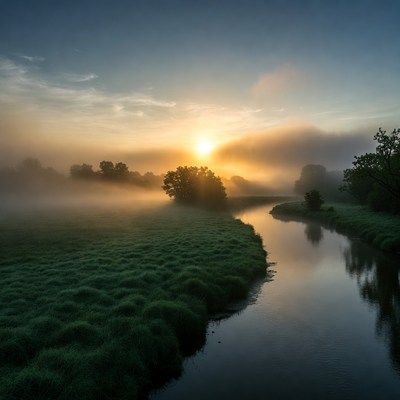 Sunrise over Misty River Landscape