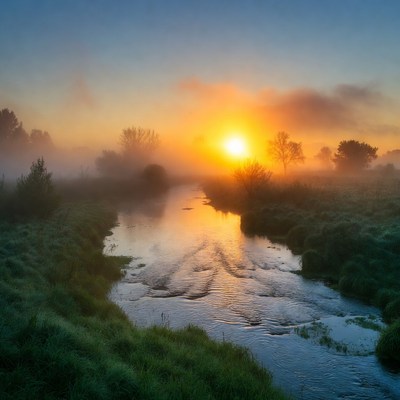 Sunrise over misty river landscape