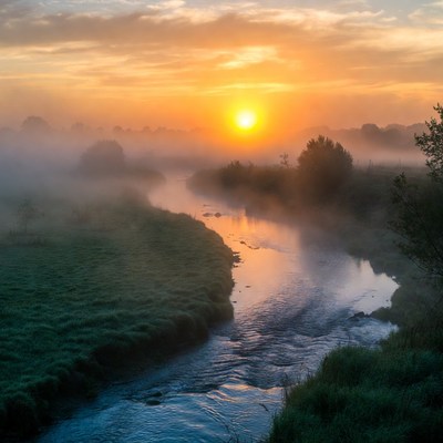 Sunrise over Misty River Landscape