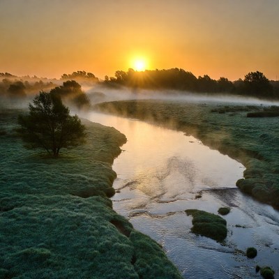 Sunrise over misty river landscape
