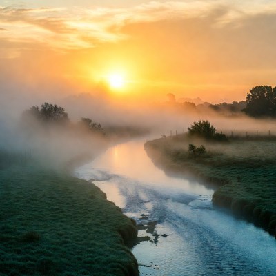 Sunrise over misty river landscape