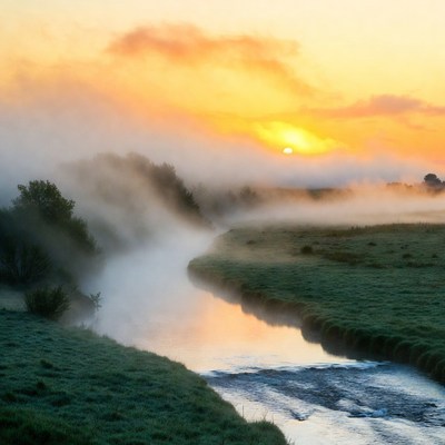 Sunrise over Misty River Landscape