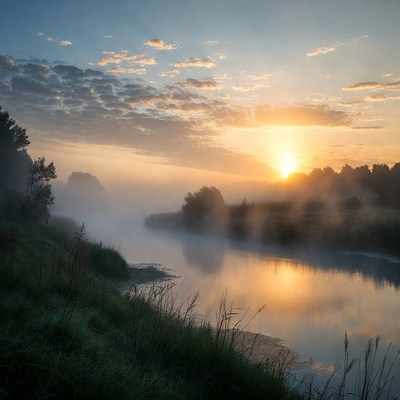 Sunrise over misty river