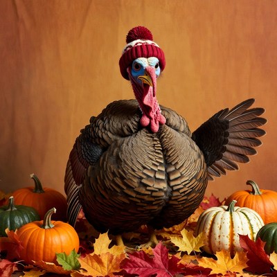 Turkey wearing red knit hat with pumpkins