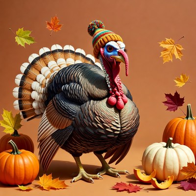 Turkey wearing hat with pumpkins