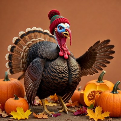 Turkey Wearing Red Knit Hat with Pumpkins