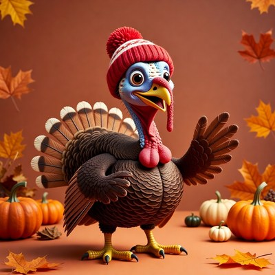 Cartoon Turkey Wearing Red Knit Hat