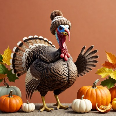 Turkey Wearing Knit Hat with Pumpkins