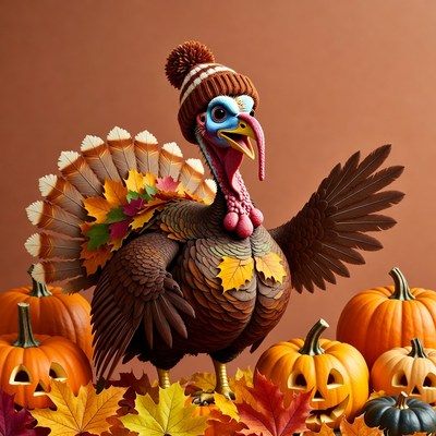 Cartoon Turkey Wearing Beanie with Pumpkins