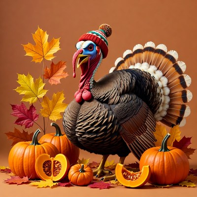 Turkey wearing knit hat with pumpkins
