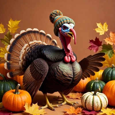 Turkey Wearing Striped Beanie with Pumpkins