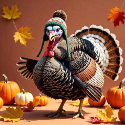 Turkey Wearing Knitted Hat with Pumpkins