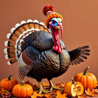 Turkey Wearing Knit Hat with Pumpkins