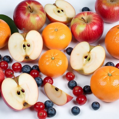 Fresh apples, oranges, berries sliced