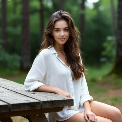 Woman sitting on picnic table in forest