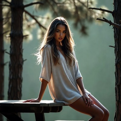 Woman sitting on picnic table in pine forest