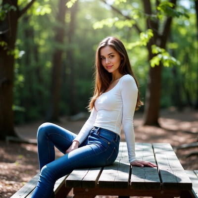 Young woman sitting on picnic table in forest