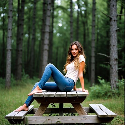 Woman sitting on picnic table in forest
