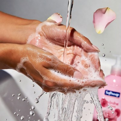 Hands washing with pink soap bubbles