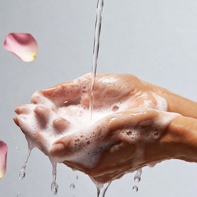 Hands holding soap suds and water