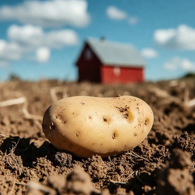 Potato in front of red barn