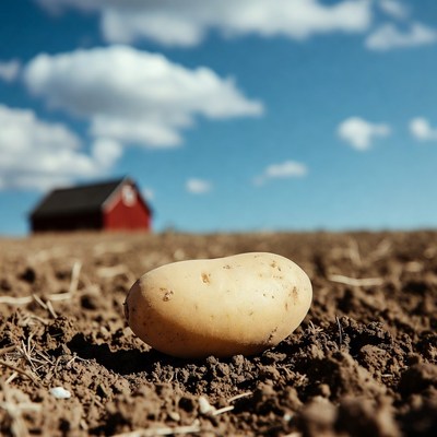 Potato on farm field with red barn