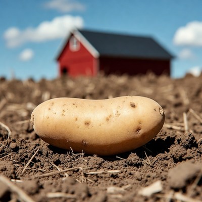 Potato in front of red barn