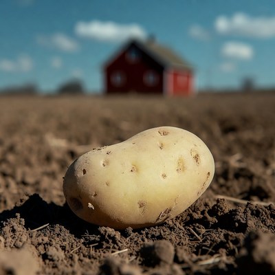Potato in front of red barn