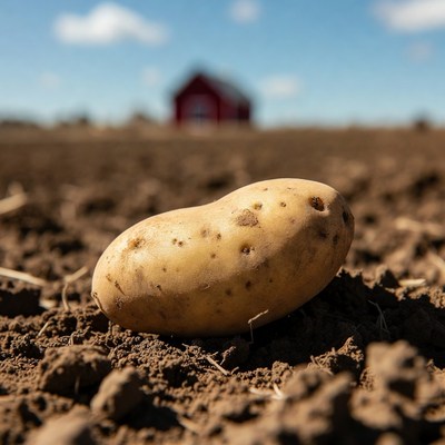 Potato on farm field with red barn