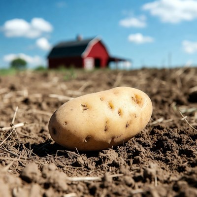 Potato on farm soil with red barn