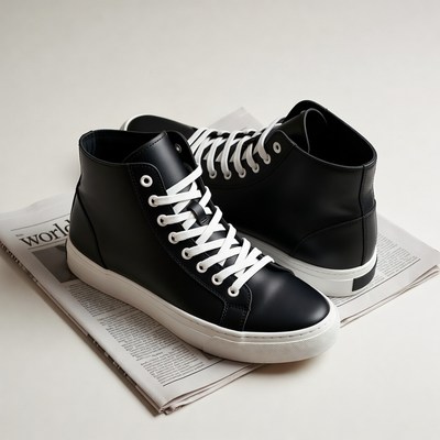 Black high-top sneakers on newspaper
