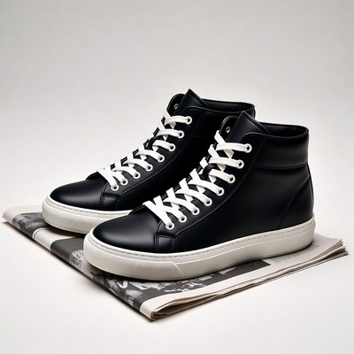 Black High-Top Sneakers on Newspaper
