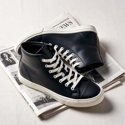 Black high-top sneakers on newspaper