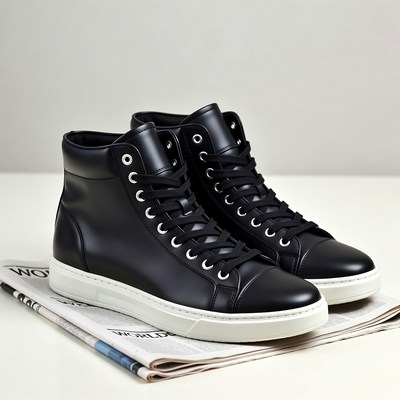 Black High-Top Sneakers on Newspaper