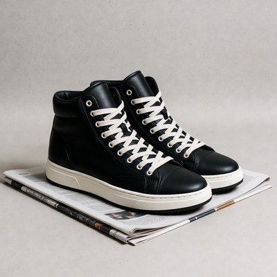 Black high-top sneakers on newspaper