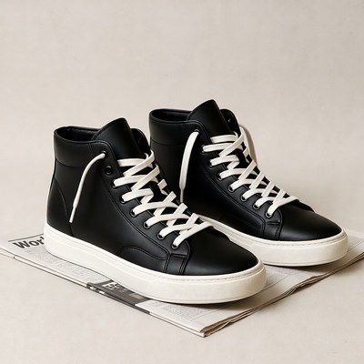 Black high-top sneakers on newspaper