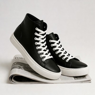 Black leather high-top sneakers on newspaper