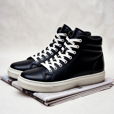 Black High-Top Sneakers on Newspaper