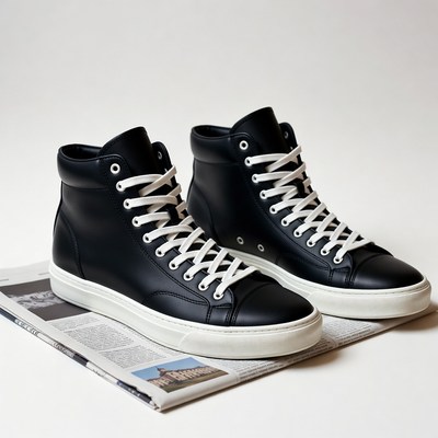 Black High-Top Sneakers on Newspaper
