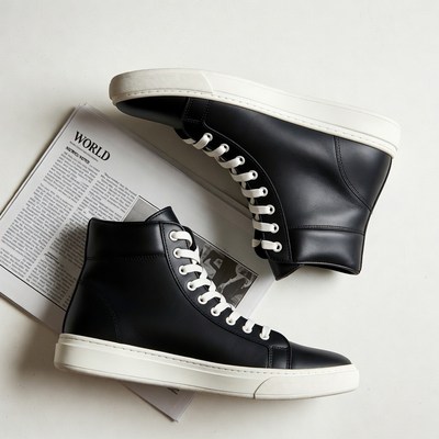 Black high-top sneakers on magazine
