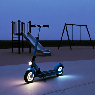 Blue electric scooter at playground night